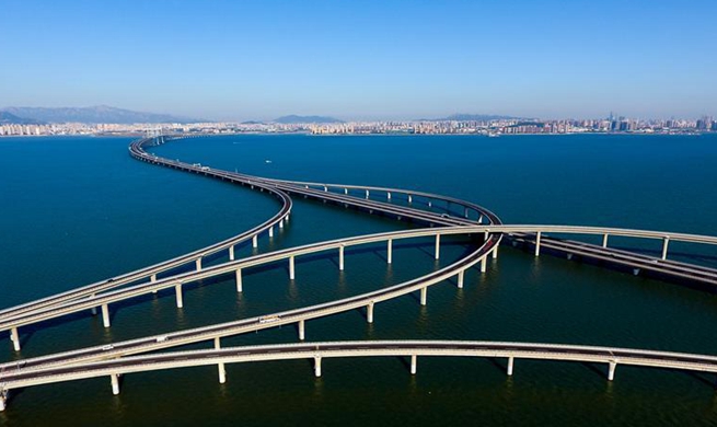 Aerial view of Qingdao Jiaozhou Bay Bridge in east China